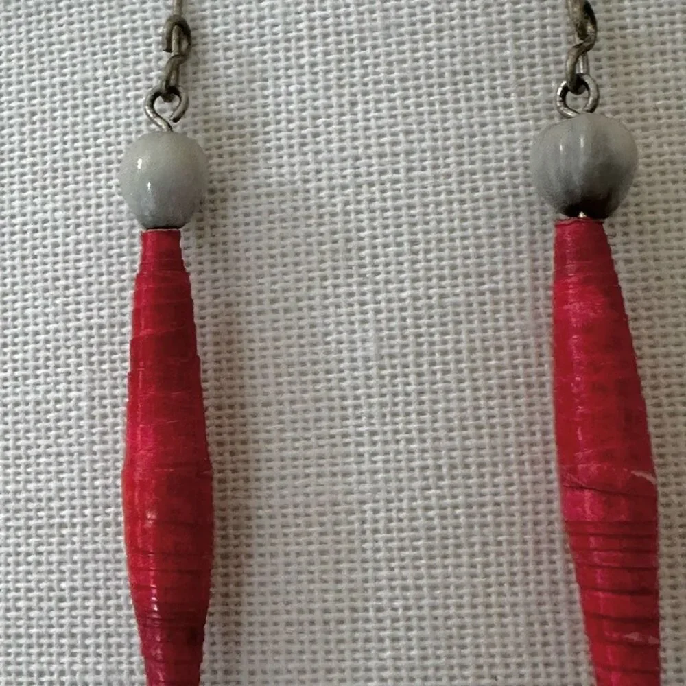 red and white paper and seed beaded earrings